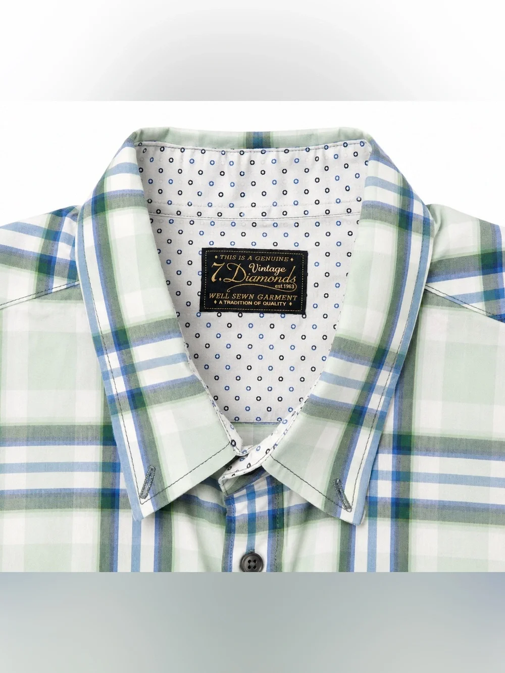 7 Diamonds Vintage Men’s XL Plaid Button Up Shirt Green Blue 100% Cotton Short
